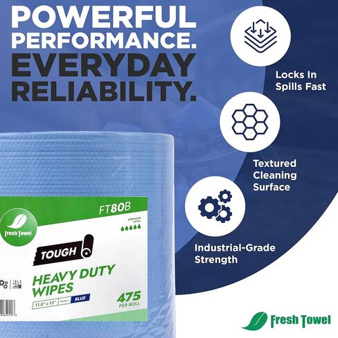 Fresh Towel FT80B Heavy Duty Wipes, Blue, 11.8" x 13" Inch Durable Multipurpose Cleaning Wipes for Household, Kitchen, Garage & Industrial Use (1 Roll of 475 Sheets) in Kuwait