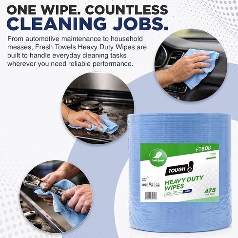 Fresh Towel FT80B Heavy Duty Wipes, Blue, 11.8" x 13" Inch Durable Multipurpose Cleaning Wipes for Household, Kitchen, Garage & Industrial Use (1 Roll of 475 Sheets) in Kuwait