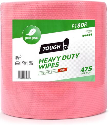 Fresh Towel FT80R Heavy Duty Wipes, Red, 11.8" x 13" Inch Durable Multipurpose Cleaning Wipes for Household, Kitchen, Garage & Industrial Use (1 Roll of 475 Sheets) in Kuwait