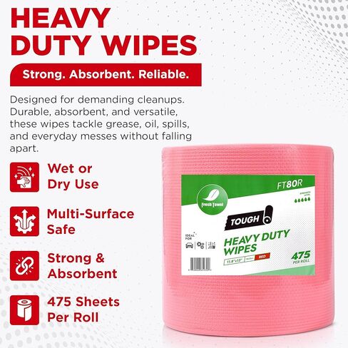 Fresh Towel FT80R Heavy Duty Wipes, Red, 11.8" x 13" Inch Durable Multipurpose Cleaning Wipes for Household, Kitchen, Garage & Industrial Use (1 Roll of 475 Sheets) in Kuwait