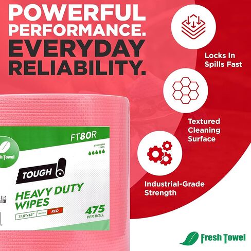 Fresh Towel FT80R Heavy Duty Wipes, Red, 11.8" x 13" Inch Durable Multipurpose Cleaning Wipes for Household, Kitchen, Garage & Industrial Use (1 Roll of 475 Sheets) in Kuwait