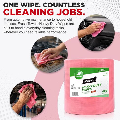 Fresh Towel FT80R Heavy Duty Wipes, Red, 11.8" x 13" Inch Durable Multipurpose Cleaning Wipes for Household, Kitchen, Garage & Industrial Use (1 Roll of 475 Sheets) in Kuwait
