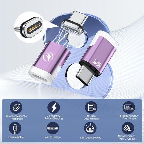 USB C Magnetic Adapter (2 Pack), 240W USB Type C Male to Female Adapter Extender Compatible with Thunderbolt 3/4, Support up to 240W Charging, 40Gbps Data Transfer and 8K@60Hz Video, Light Blue in Kuwait