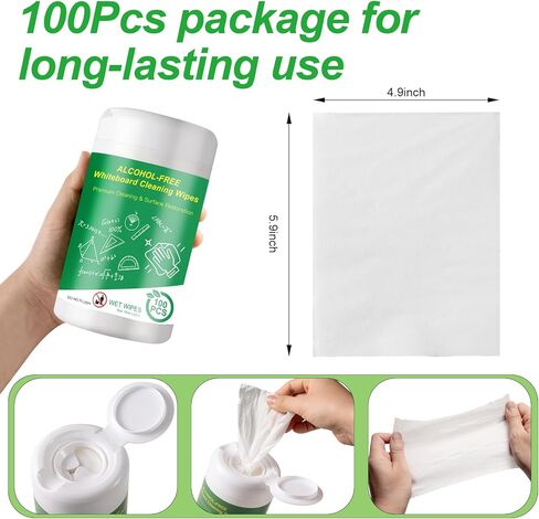 100 قطعة من مناديل تنظيف السبورة البيضاء غير الكحولية، منظف السبورة البيضاء الجاف، مناديل غير سامة، آمنة لجميع الأسطح، تزيل البقع والبقايا بسهولة دون إتلاف السبورات البيضاء in Kuwait