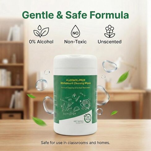 100 قطعة من مناديل تنظيف السبورة البيضاء غير الكحولية، منظف السبورة البيضاء الجاف، مناديل غير سامة، آمنة لجميع الأسطح، تزيل البقع والبقايا بسهولة دون إتلاف السبورات البيضاء in Kuwait