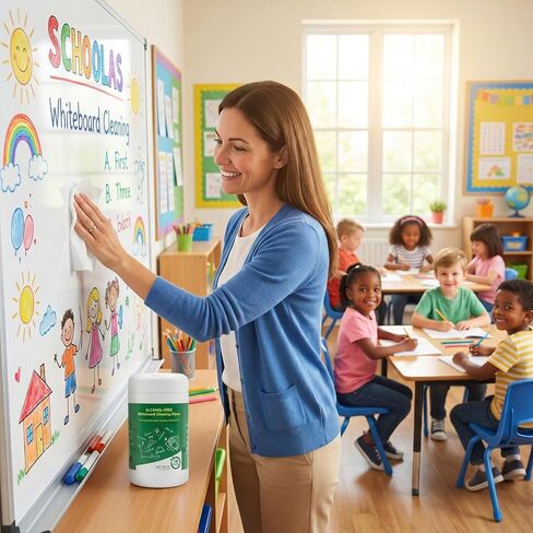 100 قطعة من مناديل تنظيف السبورة البيضاء غير الكحولية، منظف السبورة البيضاء الجاف، مناديل غير سامة، آمنة لجميع الأسطح، تزيل البقع والبقايا بسهولة دون إتلاف السبورات البيضاء in Kuwait