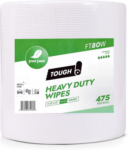 Fresh Towel FT80W Heavy Duty Wipes, White, 11.8" x 13" Inch Durable Multipurpose Cleaning Wipes for Household, Kitchen, Garage & Industrial Use (1 Roll of 475 Sheets) in Kuwait