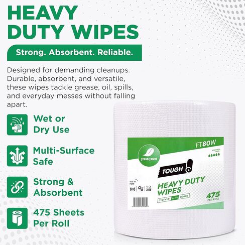 Fresh Towel FT80W Heavy Duty Wipes, White, 11.8" x 13" Inch Durable Multipurpose Cleaning Wipes for Household, Kitchen, Garage & Industrial Use (1 Roll of 475 Sheets) in Kuwait