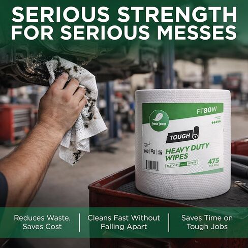 Fresh Towel FT80W Heavy Duty Wipes, White, 11.8" x 13" Inch Durable Multipurpose Cleaning Wipes for Household, Kitchen, Garage & Industrial Use (1 Roll of 475 Sheets) in Kuwait