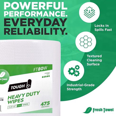 Fresh Towel FT80W Heavy Duty Wipes, White, 11.8" x 13" Inch Durable Multipurpose Cleaning Wipes for Household, Kitchen, Garage & Industrial Use (1 Roll of 475 Sheets) in Kuwait