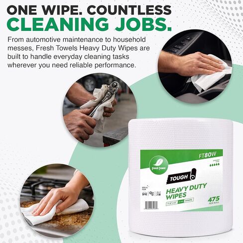 Fresh Towel FT80W Heavy Duty Wipes, White, 11.8" x 13" Inch Durable Multipurpose Cleaning Wipes for Household, Kitchen, Garage & Industrial Use (1 Roll of 475 Sheets) in Kuwait