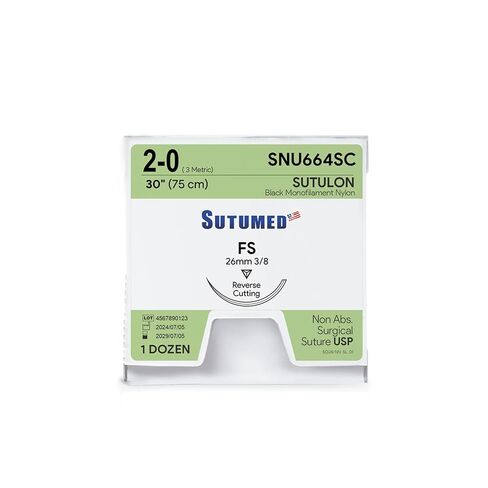 Sutumed SUTULON خياطة جراحية نايلون غير قابلة للامتصاص مقاس USP 2-0، 3/8 26 مم إبرة قطع عكسية، 30 بوصة (76 سم)، 12 قطعة in Saudi Arabia