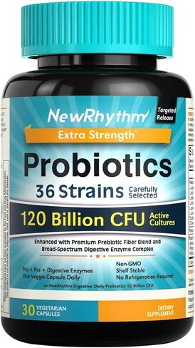 NewRhythm Probiotics 120 Billion CFU 36 Strains, 3-in-1 Probiotics with Prebiotics & Enzymes, Probioticos for Women & Men, Vegan Targeted Release Supplement, 30ct in Kuwait