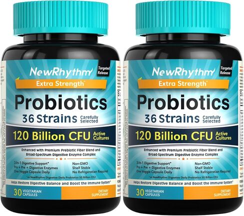 NewRhythm Probiotics 120 Billion CFU 36 Strains, 3-in-1 Probiotics with Prebiotics & Enzymes, Probioticos for Women & Men, Vegan Targeted Release Supplement, 30ct in Saudi Arabia