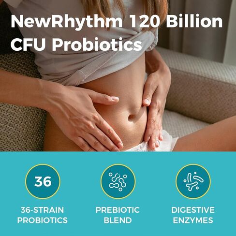 NewRhythm Probiotics 120 Billion CFU 36 Strains, 3-in-1 Probiotics with Prebiotics & Enzymes, Probioticos for Women & Men, Vegan Targeted Release Supplement, 30ct in Saudi Arabia