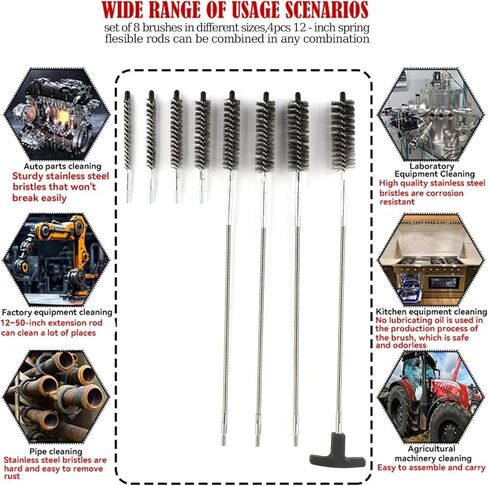50 in Pipe Cleaning Brush Set with Stainless Steel Bristles, Wire Brush with 4pcs Stainless Steel Spring Flexible Rods, Stainless Steel Pipe Brush 8pcs for Auto Parts, Bottles, Tubes. in Kuwait