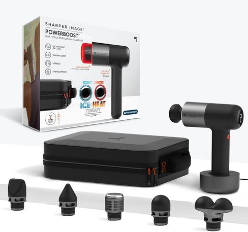 Sharper Image® Powerboost® Pro+ Hot & Cold Compact Deep Tissue Massage Gun - 6 Speed, 4 Attachments, Travel Case| Soothing Heat & Cold Therapy| Portable Lightweight Full Body Shoulder & Back Massager in Kuwait