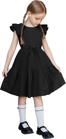 Arshiner Toddler Cotton Linen Dress Summer Casual Party Double-Ruffle Sleeves Dresses 2-6Y in Kuwait