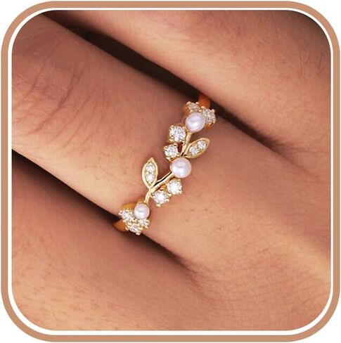 925 Sterling Silver Cubic Zirconia Twig Ring for Women, 14K Plated Gold Dainty White Pearl Rings for Mother Daughter Fashion Birthday Wedding Hypoallergenic Jewelry Gift in Kuwait