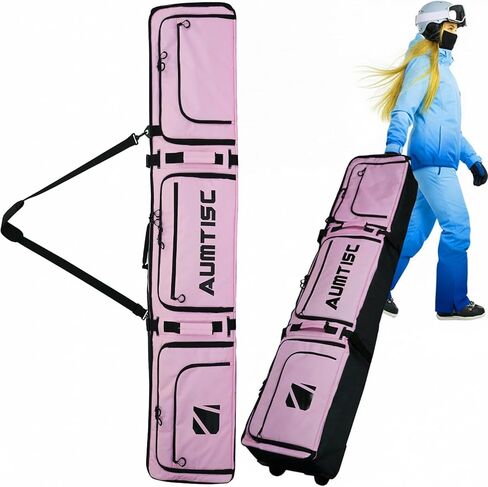 AUMTISC Padded Snowboard Bag with Wheels, Rolling Ski Bags for Air Travel with Storage Gear Pockets, Ski Luggage Bags Fits Single Board/Double Skis, Snow Board Bag Adjustable Length 165-175 cm in Kuwait