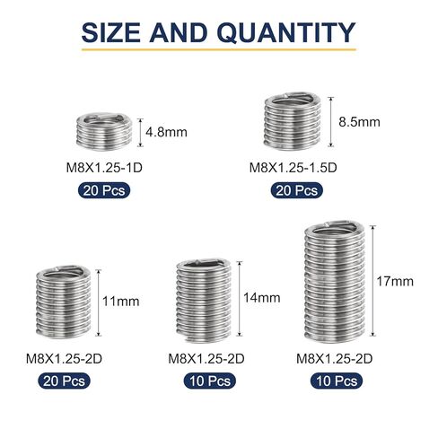 Uxcell 80 قطعة سلك خيط إدراج عدة M8 x 1.25 (1D-3D) متري 304 الفولاذ المقاوم للصدأ حلزوني إدراج ملفوف موضوع إصلاح عدة سلك المسمار الخيوط كم غمد للمعدات الميكانيكية in Saudi Arabia