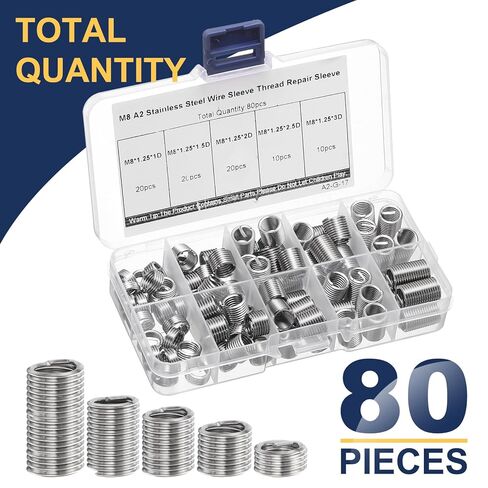 Uxcell 80 قطعة سلك خيط إدراج عدة M8 x 1.25 (1D-3D) متري 304 الفولاذ المقاوم للصدأ حلزوني إدراج ملفوف موضوع إصلاح عدة سلك المسمار الخيوط كم غمد للمعدات الميكانيكية in Saudi Arabia
