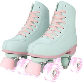 XUDREZ Roller Skates for Girls and Women, Light Green PU Leather Indoor Outdoor Roller Skates with Pink Light Up Wheels for Youth Kids Girls Ages 6-12 in Kuwait