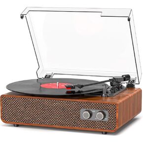 Vinyl Record Player Turntable Bluetooth with Built-in Upgraded Stereo Speakers, 3-Speed Belt-Drive LP Player & Turntable with Adjustable Counterweight, RCA Out/AUX-in, Natural Wood in Kuwait