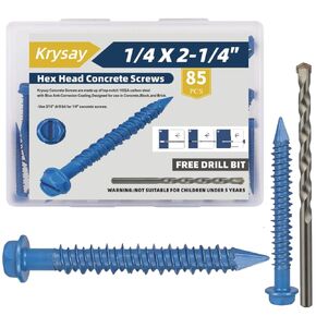 85Pcs 1/4 x 2-1/4 in Concrete Screws with Drill bits,Masonry Screws for Concrete Assortment Kit,Hex Head Block Cement Stacoo Screws and Anchors,Diamond Point,Blue Coated(2LB) in Kuwait