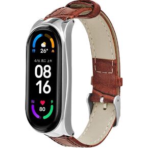 سوار جلدي متوافق مع Xiaomi Mi Band 4، حزام معصم جلدي كلاسيكي قابل للتعديل 7.8 - 9.4 بوصة مع إطار معدني متوافق مع Xiaomi Mi Band 3/4 - بني + فضي in Kuwait