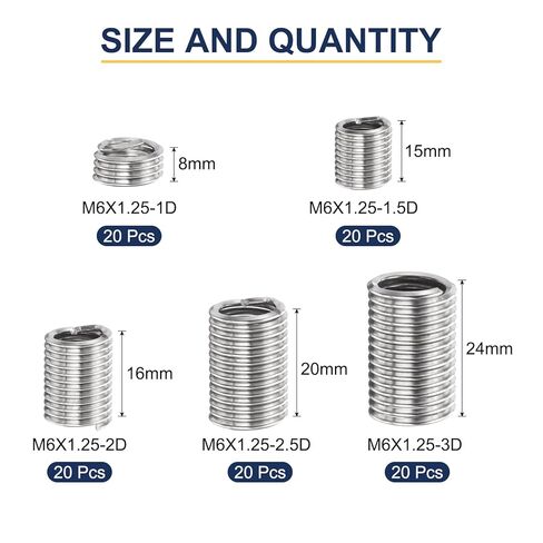 Uxcell 100 قطعة سلك خيط إدراج عدة M6 × 1 (1D-3D) متري 304 الفولاذ المقاوم للصدأ حلزوني إدراج ملفوف موضوع طقم إصلاح سلك المسمار الخيوط كم غمد للمعدات الميكانيكية in Saudi Arabia