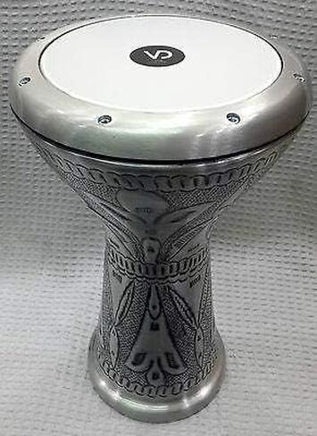 Egyptian Darbuka Drum Doumbek Tombak, Silver, 22cm (8.75") Head, 41cm Height, Aluminum Body, Synthetic Skin, Includes Soft Bag and Tuning Key in Kuwait