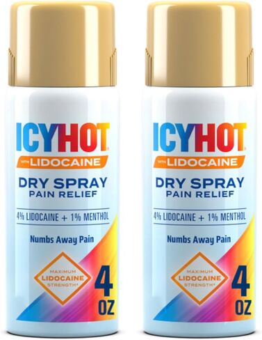 Icy Hot Lidocaine Pain Relief Dry Spray, Numb Aggravated Nerves with Max Strength Lidocaine 4% and Menthol 1%, Fast-Acting Pain Relief for Minor Pain, Backaches, Sprains and Strains, 4 oz, 2 Pack in Kuwait