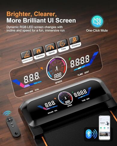 جهاز سير للمشي مع انحدار تلقائي بنسبة 15% و12 مستوى، جهاز مشي تحت المكتب للمنزل بسعة 450 رطل، وسادة مشي مع ميل، شاشة RGB UI، مكبر صوت بلوتوث وتطبيق، أجهزة مشي مكتبية هادئة بقوة 3.5 حصان in Kuwait