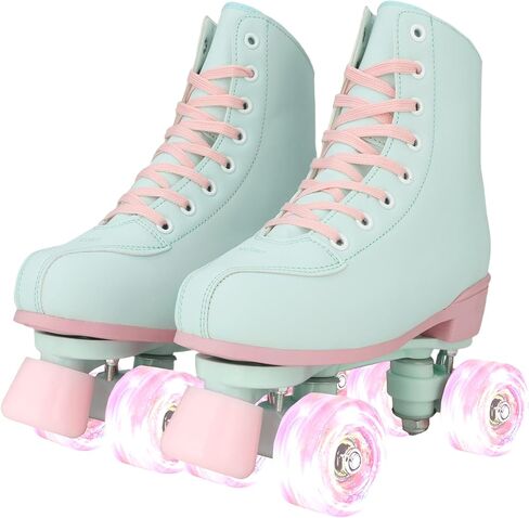 XUDREZ Roller Skates for Girls and Women, Light Green PU Leather Indoor Outdoor Roller Skates with Pink Light Up Wheels for Youth Kids Girls Ages 6-12 in Kuwait
