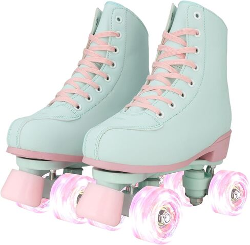 XUDREZ Roller Skates for Girls and Women, Light Green PU Leather Indoor Outdoor Roller Skates with Pink Light Up Wheels for Youth Kids Girls Ages 6-12 in Saudi Arabia