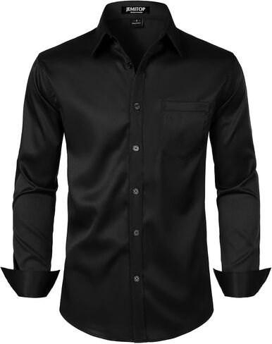 Men's Stretch Slim Fit Dress Shirts Formal Wedding Prom Business Long Sleeve Button Down Shirt with Pocket in Kuwait