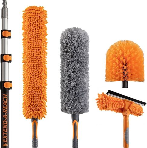 30 Foot High Reach Duster Kit with 5-24 ft Extension Pole // High Ceiling Dusting and Window Cleaning Kit with Telescopic Pole // Window Washer & Squeegee, Cobweb Duster, Fan Blade and Feather Duster in Saudi Arabia