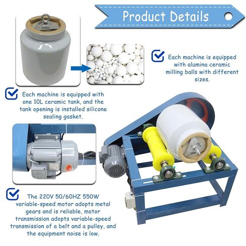 10L Ball Mill Grinder, 550W 220V with Sealed Ceramic Jar & Alumina Balls, Horizontal Lab/Industrial Mill for Fine Wet/Dry Grinding of Glaze, Paint, Mineral, Quartz in Kuwait