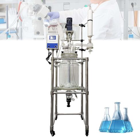 JARYANNNIX 20L Jacketed Reactor, Laboratory Glass Reactor, Lab Double-Layer Chemical Reaction Vessel with Digital Display, Glass Reaction Kettle for Chemistry Distillation, 50-500RPM in Kuwait
