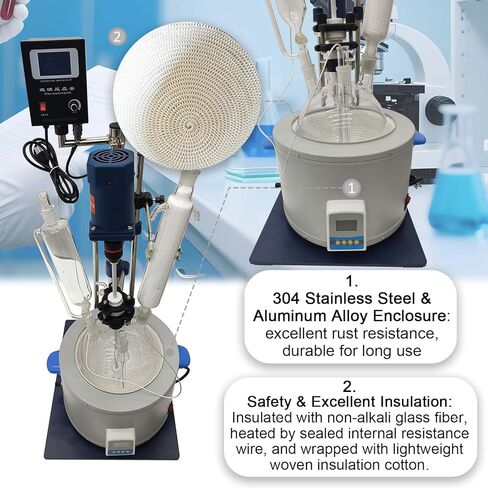 5L Glass Reactor, Lab Single-Layer Chemical Reaction Vessel with Digital Display, Jacketed Reactor for Reaction Distillation, Adjustable Speed 0-600 RPM, Withstand -120℃ to 300℃ in Kuwait