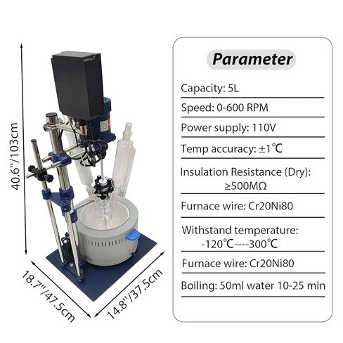 5L Glass Reactor, Lab Single-Layer Chemical Reaction Vessel with Digital Display, Jacketed Reactor for Reaction Distillation, Adjustable Speed 0-600 RPM, Withstand -120℃ to 300℃ in Kuwait