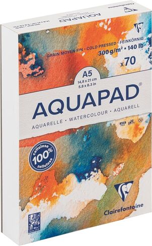 Clairefontaine 975720C Goldline Aquapad Glued Pad – 70 Sheets of White Watercolour Paper Medium Fine Grain A5 14.8 x 21 cm 300 g in Kuwait