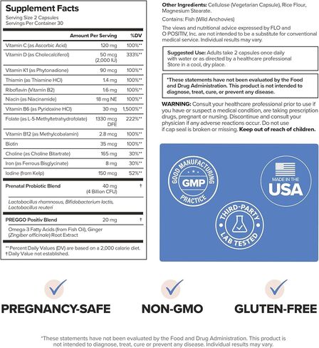 كبسولات O Positiv PREGGO لما قبل الولادة + بروبيوتيك متعددة الفيتامينات - تركيبة متقدمة قبل الولادة مع حمض الفوليك والكولين وأوميغا 3 والفيتامينات والمعادن والبروبيوتيك - 30 حصة in Kuwait