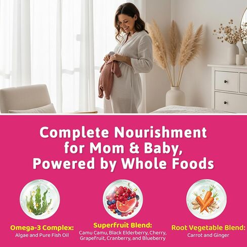 فيتامين ما قبل الولادة للنساء، علكات متعددة الفيتامينات 37 في 1 مع أوميغا 3 DHA، ميثيلفولات، الكولين، الحديد، فيتامين ب12، ب6، د3 ج، فيتامينات ما بعد الولادة تدعم الأم والطفل | قبل وأثناء وبعد الحمل، 60 قيراط in Kuwait