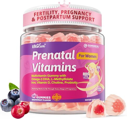 Prenatal Vitamin for Womem, 37-In-1 Multivitamin Gummies w/Omega-3 DHA, Methylfolate, Choline, Iron, Vitamin B12 B6 D3 C, Postnatal Vitamins Support Mom & Baby | Before, During & After Pregnancy, 60Ct in Saudi Arabia