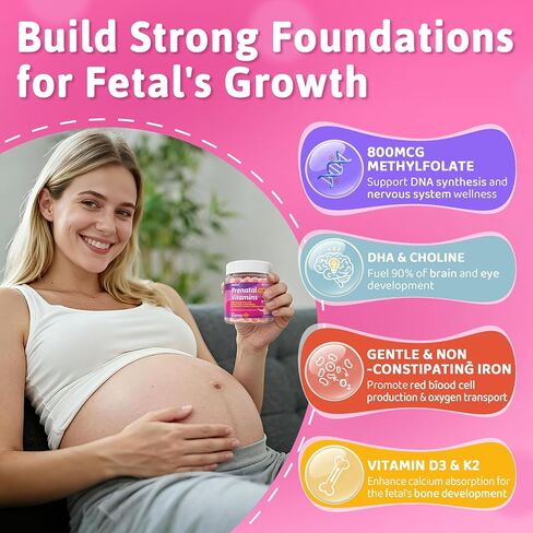 Prenatal Vitamin for Womem, 37-In-1 Multivitamin Gummies w/Omega-3 DHA, Methylfolate, Choline, Iron, Vitamin B12 B6 D3 C, Postnatal Vitamins Support Mom & Baby | Before, During & After Pregnancy, 60Ct in Saudi Arabia