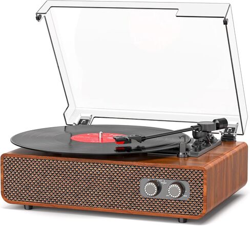 Vinyl Record Player Turntable Bluetooth with Built-in Upgraded Stereo Speakers, 3-Speed Belt-Drive LP Player & Turntable with Adjustable Counterweight, RCA Out/AUX-in, Natural Wood in Kuwait