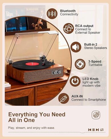 Vinyl Record Player Turntable Bluetooth with Built-in Upgraded Stereo Speakers, 3-Speed Belt-Drive LP Player & Turntable with Adjustable Counterweight, RCA Out/AUX-in, Natural Wood in Kuwait