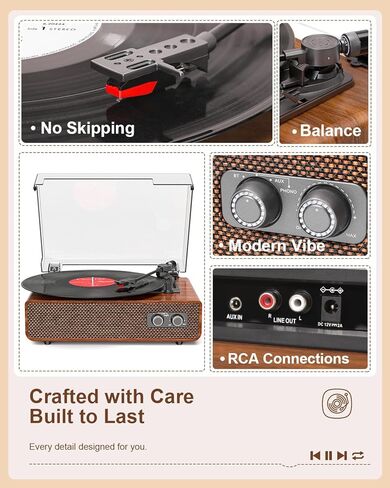Vinyl Record Player Turntable Bluetooth with Built-in Upgraded Stereo Speakers, 3-Speed Belt-Drive LP Player & Turntable with Adjustable Counterweight, RCA Out/AUX-in, Natural Wood in Kuwait